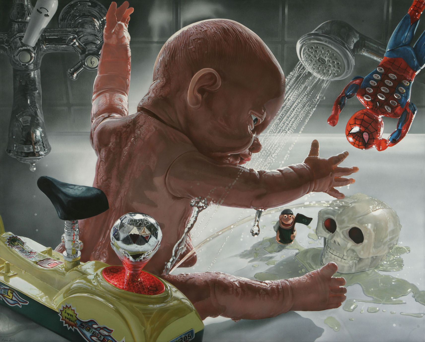 <p style="text-align: center;">Baby Mannequin Pis playing Hamlet – 2006 – 120x150cm – acrylik on canvas</p>