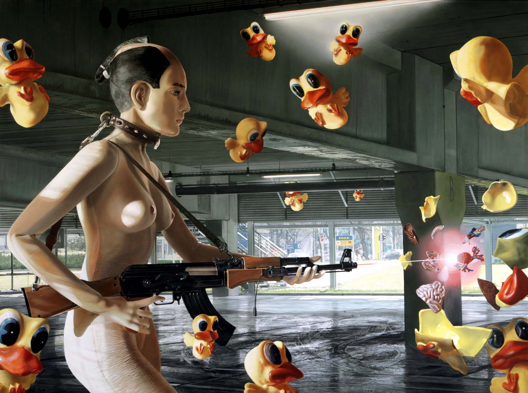 <p style="text-align: center;">Duck hunting with AK47 – 2006 – 150x200cm – acrylik on canvas</p>