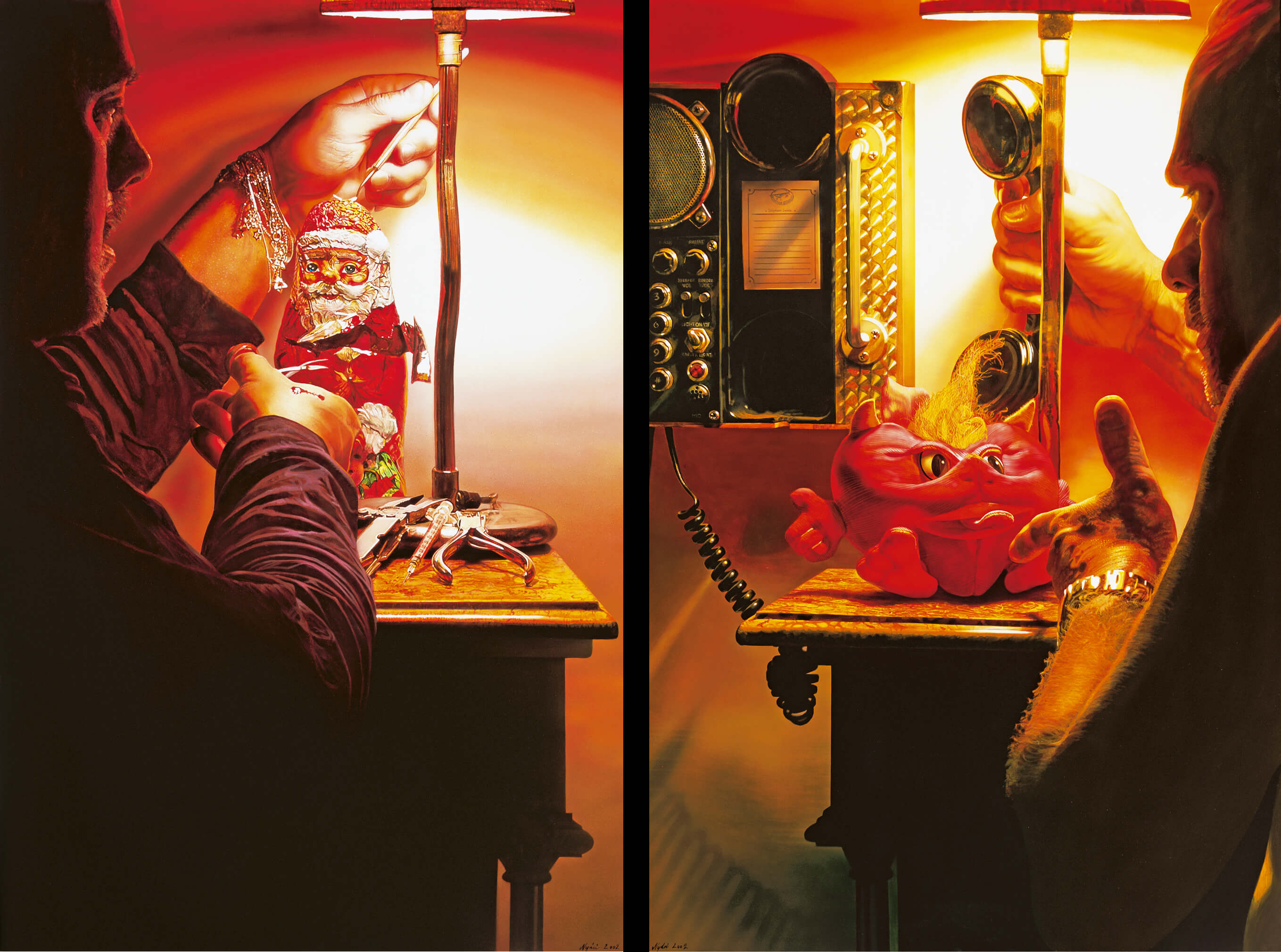 Peeling Santa Claus - 2003 - 150x100cm - acrylik on canvas<br>God I'll call the police! - 2003 - 150x100cm - acrilyk on canvas